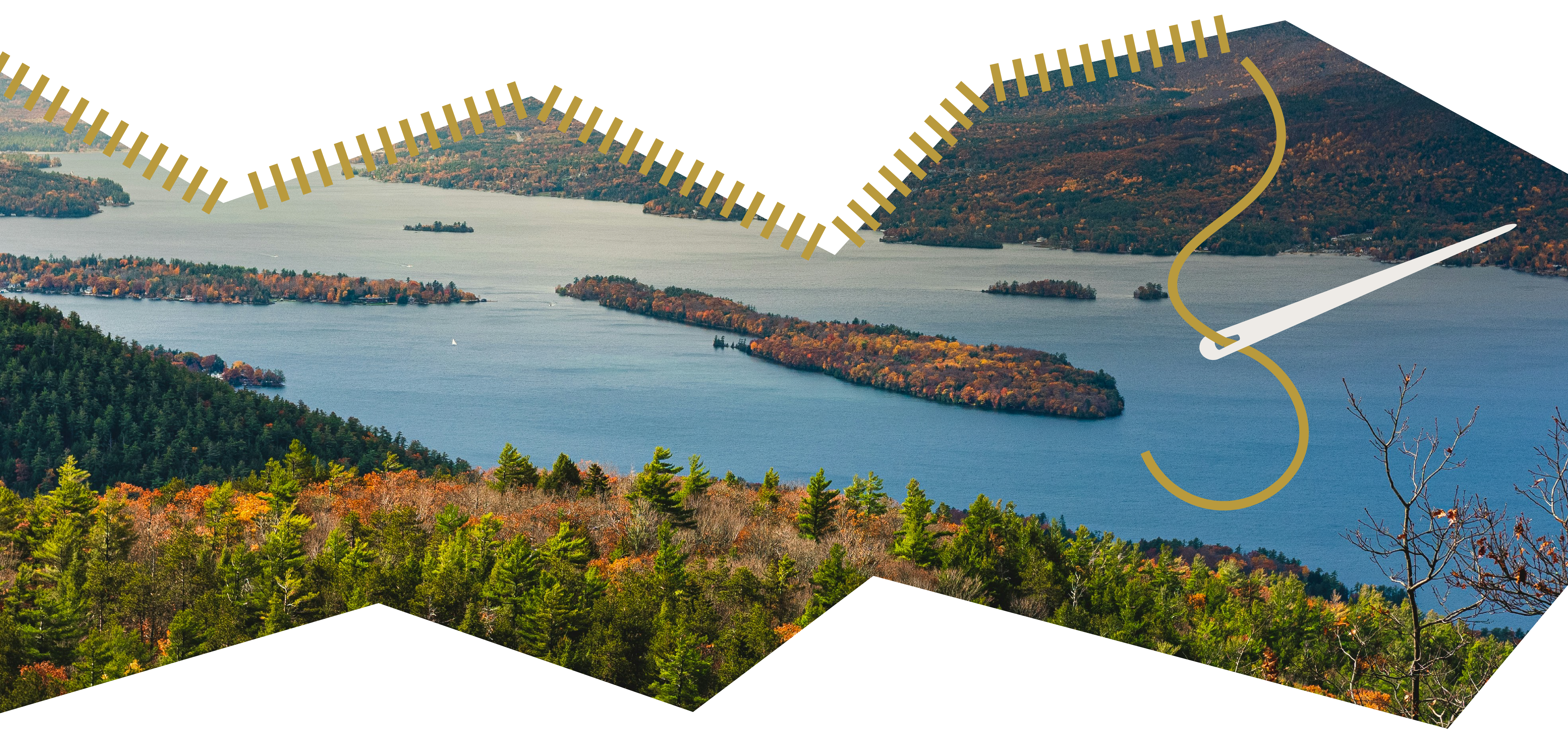 A view from above of a lake and fall forest in the Hudson Valley, with a gold thread and needle illustration layered over the photo.